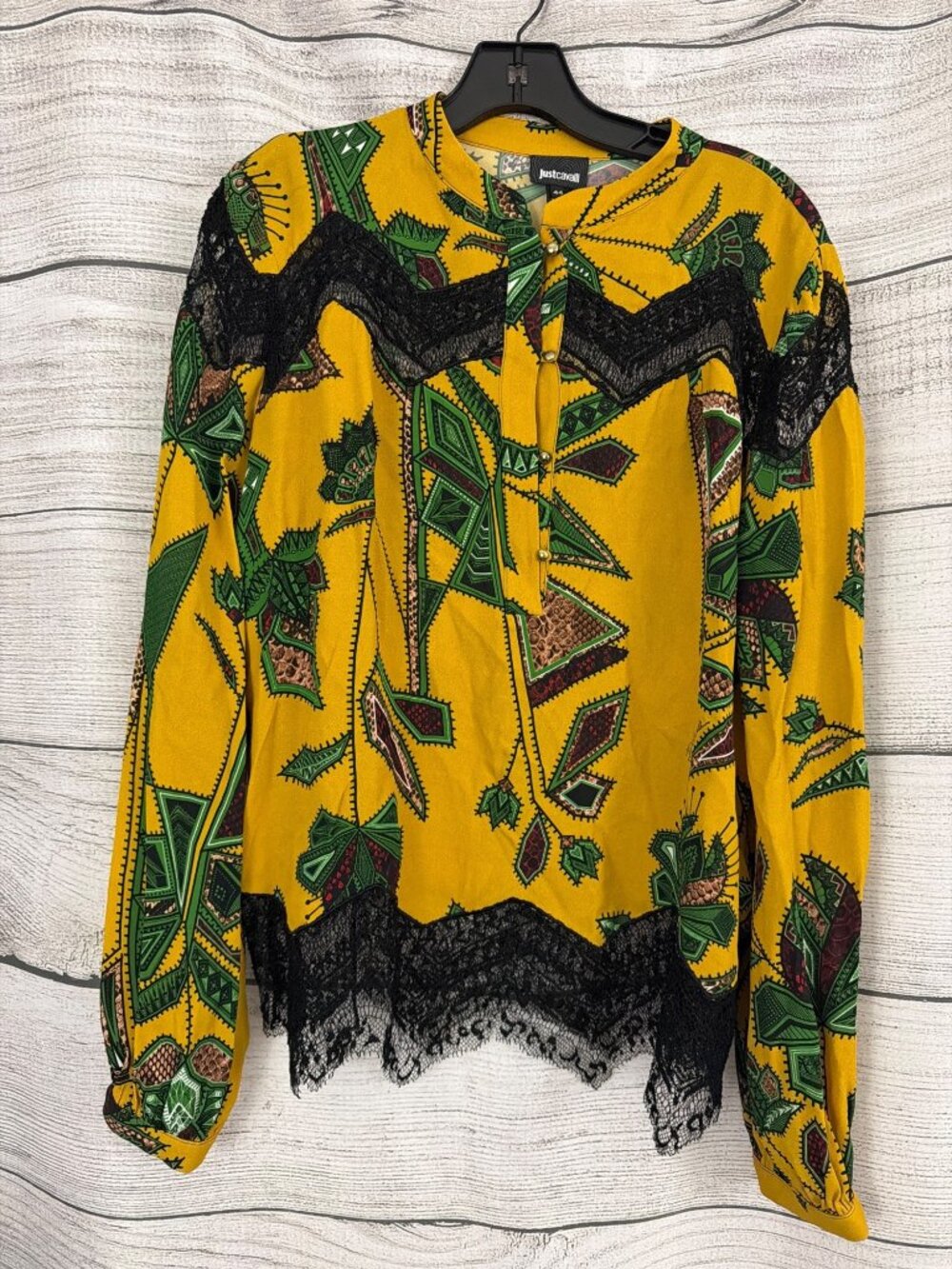 Just Cavalli Printed Yellow Blouse With Lace Trim & Long Sleeves Size 44/L